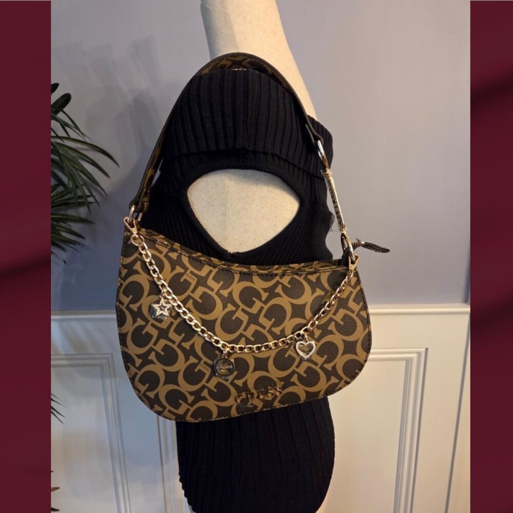 Guess Logo Bobbin Shoulder Bag With Decorative Gold Chain w/3 pretty Charms